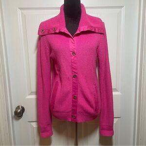 Ralph Lauren Womens Large Hot Pink Sweater Cardigan Logo Silver Buttons